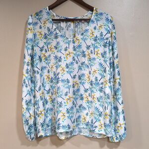 APNY Floral Blouse‎ Womens XS Blue Yellow Coastal Cottage Tropical Work Church